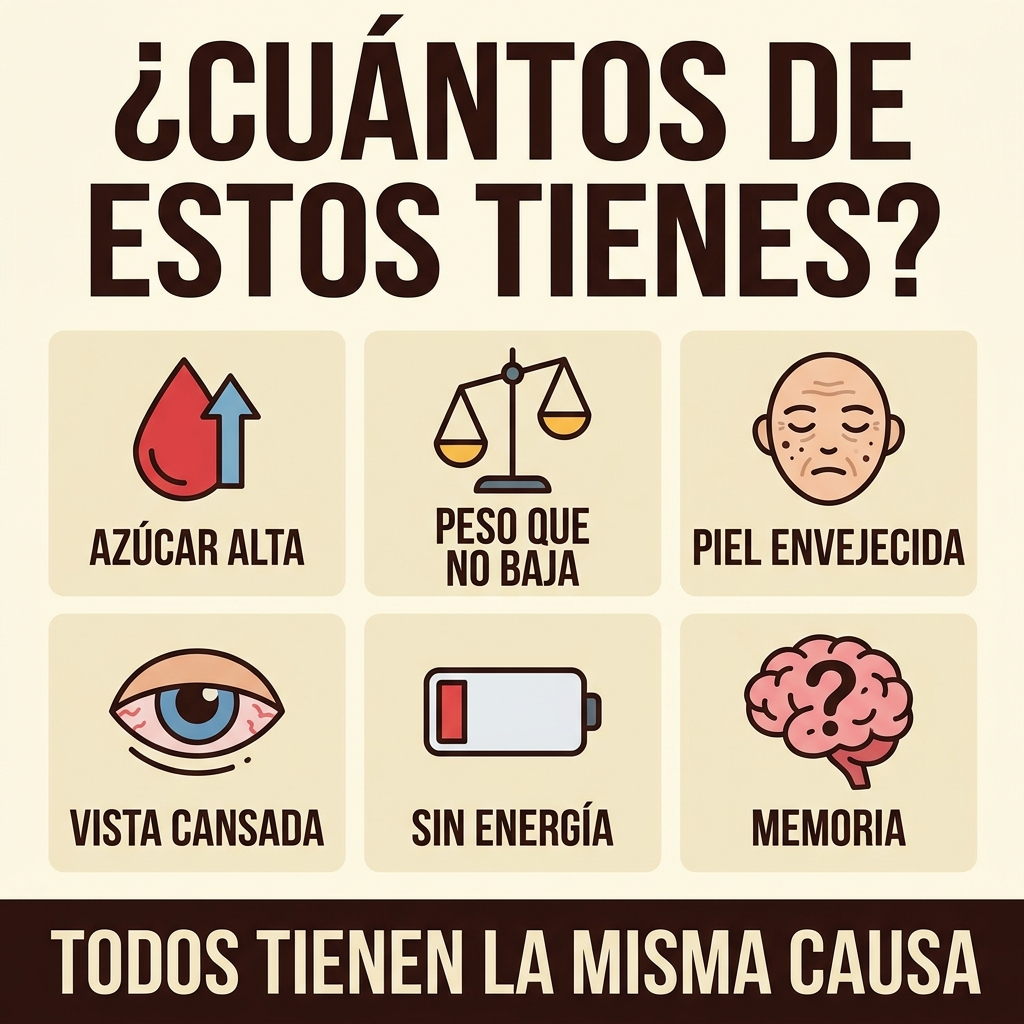 ¿Cuántos de estos tienes? Azúcar alta, peso que no baja, piel envejecida, vista cansada, sin energía, memoria: todos tienen la misma causa