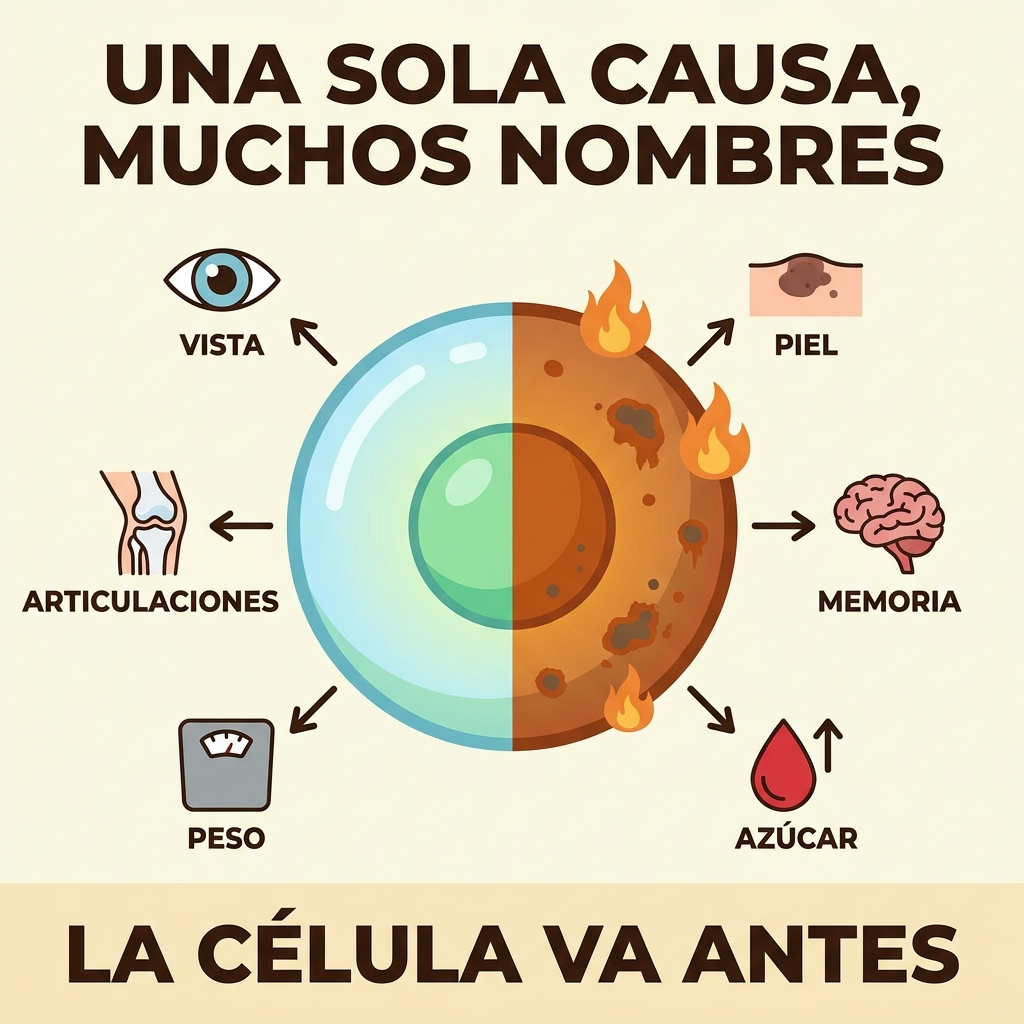 Una sola causa, muchos nombres: la célula oxidada detrás de la vista, la piel, la memoria, el azúcar, el peso y las articulaciones