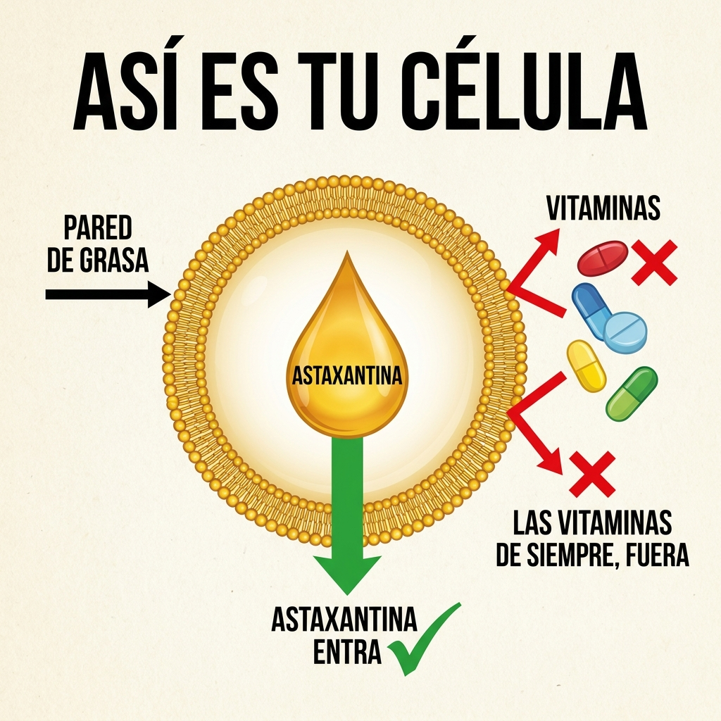 Así es tu célula: las vitaminas de siempre rebotan en la pared de grasa y la astaxantina entra