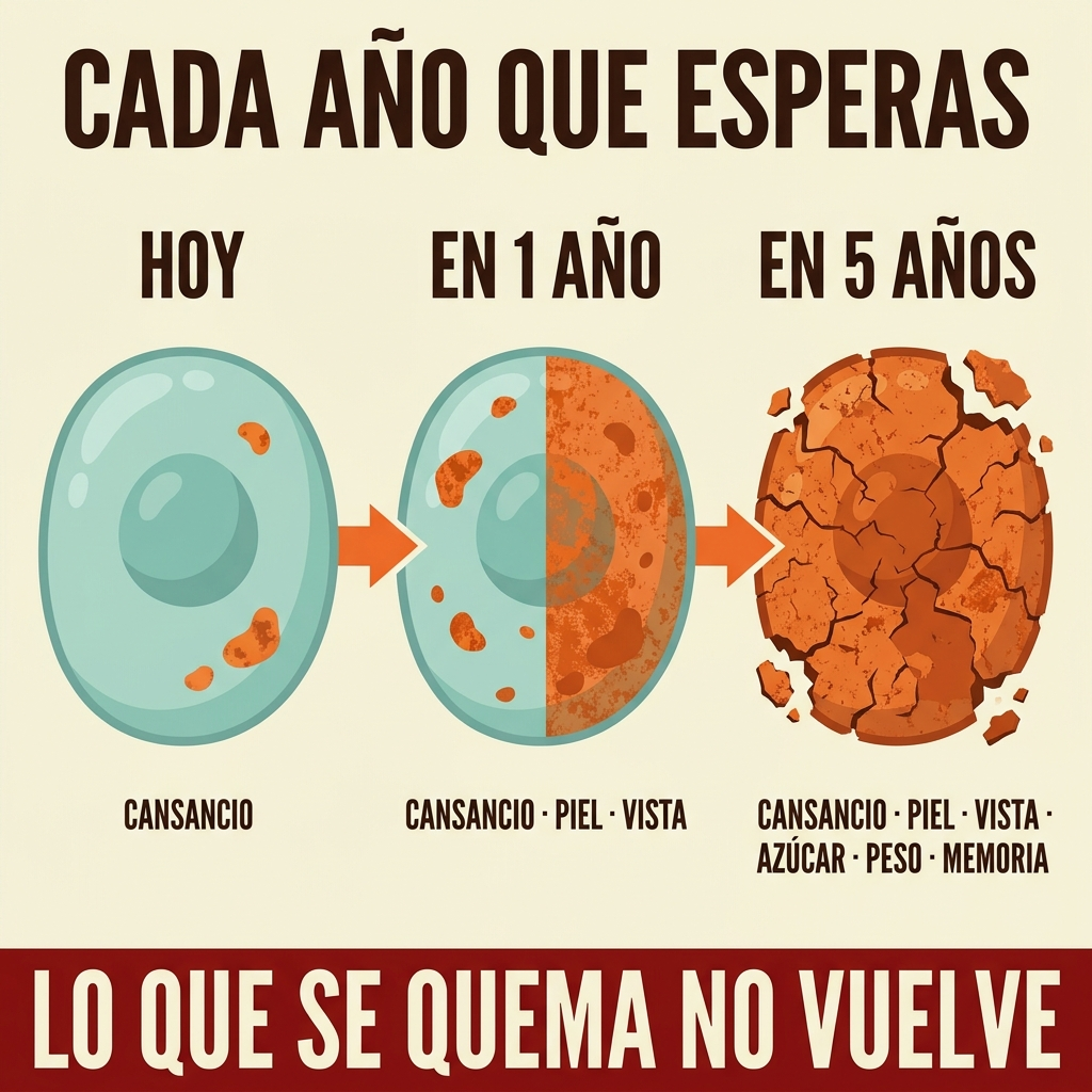 Cada año que esperas: la célula hoy, en 1 año y en 5 años, cada vez más oxidada. Lo que se quema no vuelve